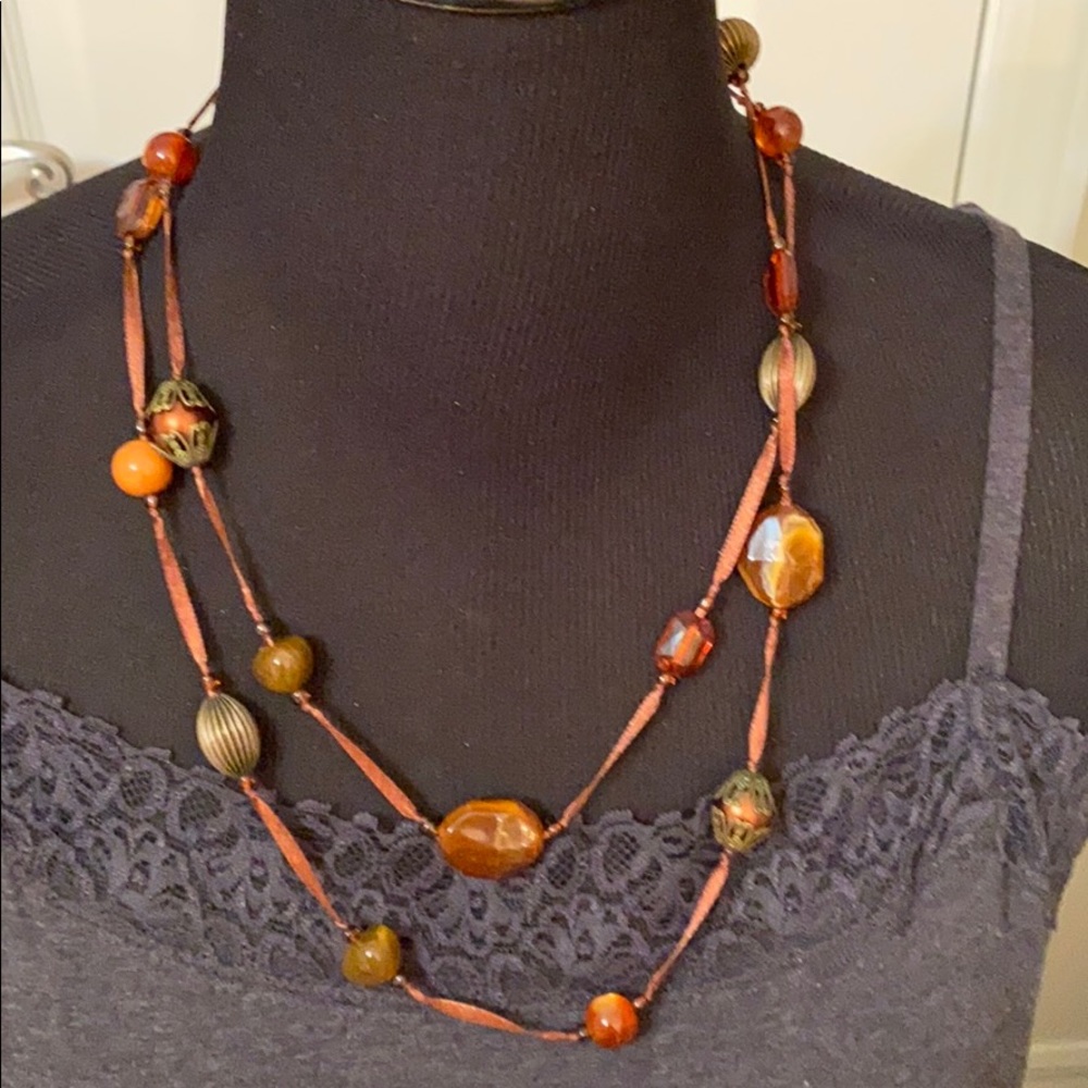 50" brown ribbon with plastic beads necklace